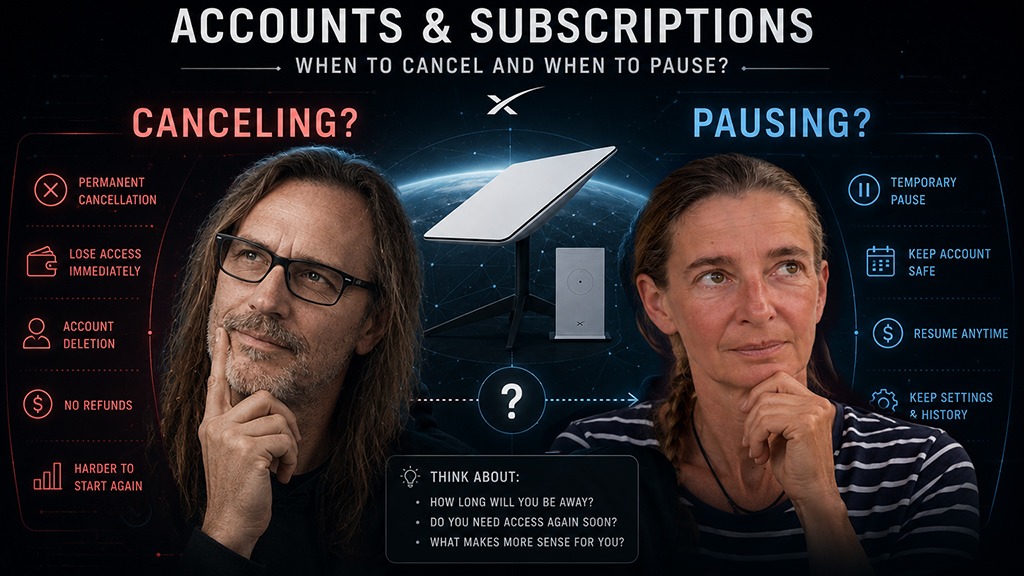 Futuristic Starlink-themed infographic showing a thoughtful traveler deciding between canceling or pausing a Starlink subscription.