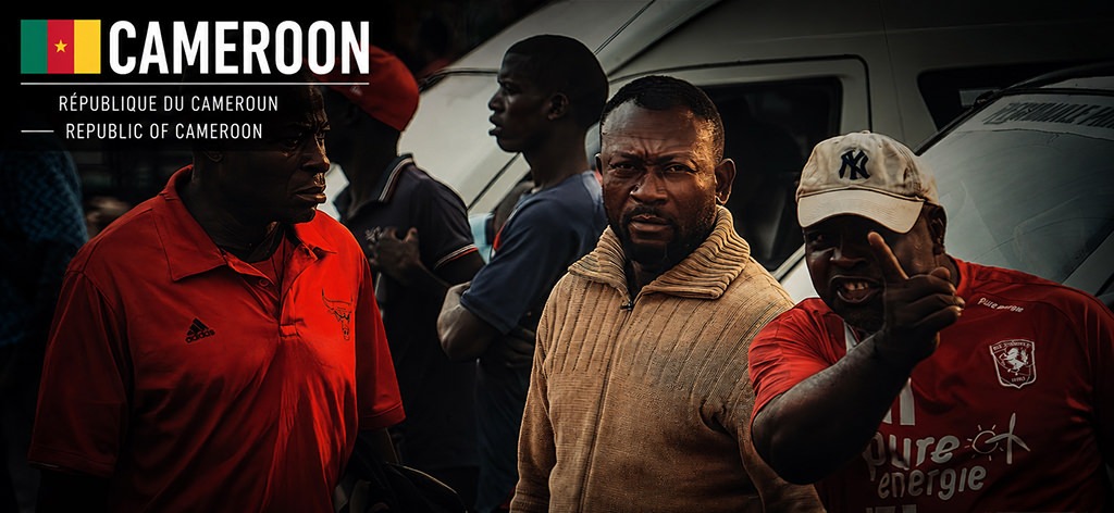 Cinematic travel poster of Cameroon showing three men in a busy urban street scene. One man points emphatically while the others watch, with vehicles and city life in the background. The Cameroonian flag, country name and official country names are displayed in the upper left corner.