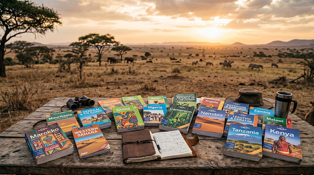 Travel guides and maps of African countries spread across a wooden table in the savanna, representing two years of overland travel through Africa.
