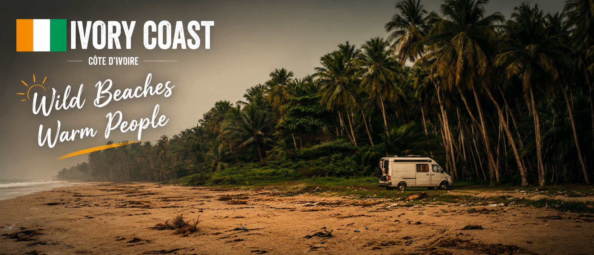 Cinematic view of a remote beach in Ivory Coast with dense palm forests, a lone overlanding camper and the national flag of Côte d'Ivoire.