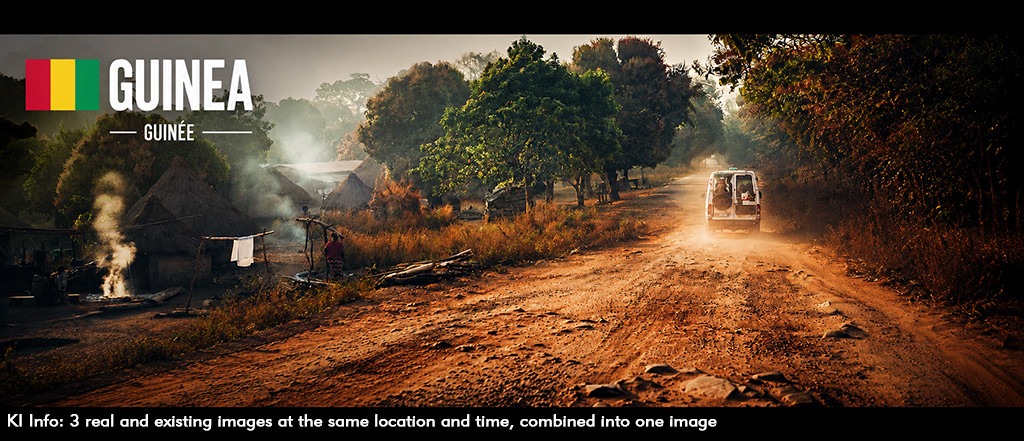 Rugged dirt road through a rural village in Guinea with traditional huts, smoke rising from cooking fires and a dusty Mercedes Sprinter driving through one of West Africa's most challenging overlanding regions.