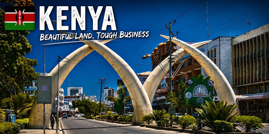 The iconic giant elephant tusks arching over Moi Avenue in Mombasa, Kenya, beneath a deep blue sky.