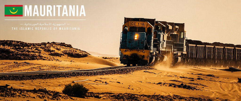 The famous Iron Ore Train crossing the deserts of Mauritania, surrounded by sand dunes and vast Sahara landscapes.