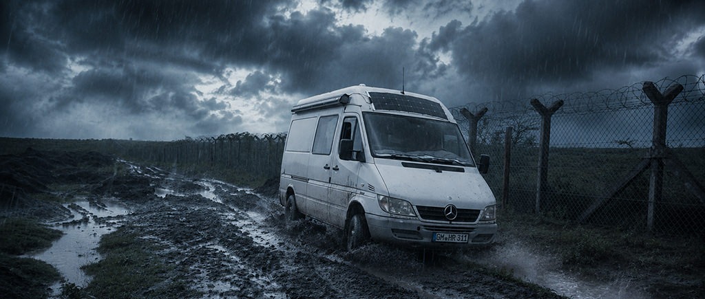 White Mercedes Sprinter 4x4 driving through deep mud on a flooded dirt road in Kenya during a heavy rainstorm. The vehicle follows a barbed-wire fence through water-filled ruts under dark, dramatic storm clouds. The scene has a cinematic, dystopian blue-toned atmosphere.