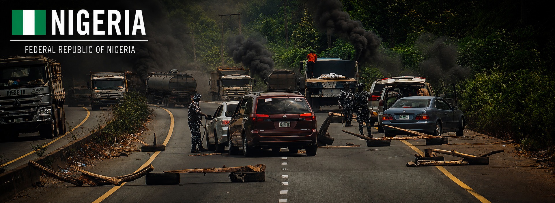 Cinematic view of a Nigerian highway checkpoint with multiple trucks, dense black diesel smoke, improvised roadblocks made of logs, police officers stopping vehicles and lush tropical vegetation surrounding the road. The Nigerian flag and country name appear in the upper left corner.