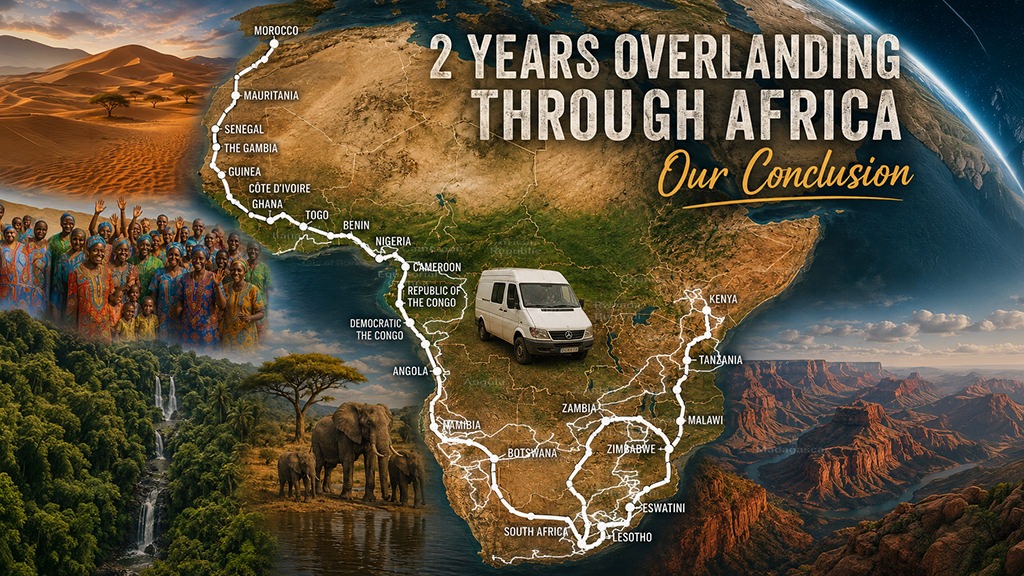 Map of Africa showing our 45,000 km overland route through 26 countries with our Mercedes Sprinter and highlights from two years of travel across the continent.