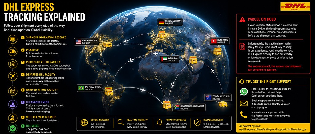 Infographic illustrating DHL Express shipment tracking across the world with a globe, international flight routes, DHL hubs, tracking milestones and support tips for resolving customs and parcel delays.