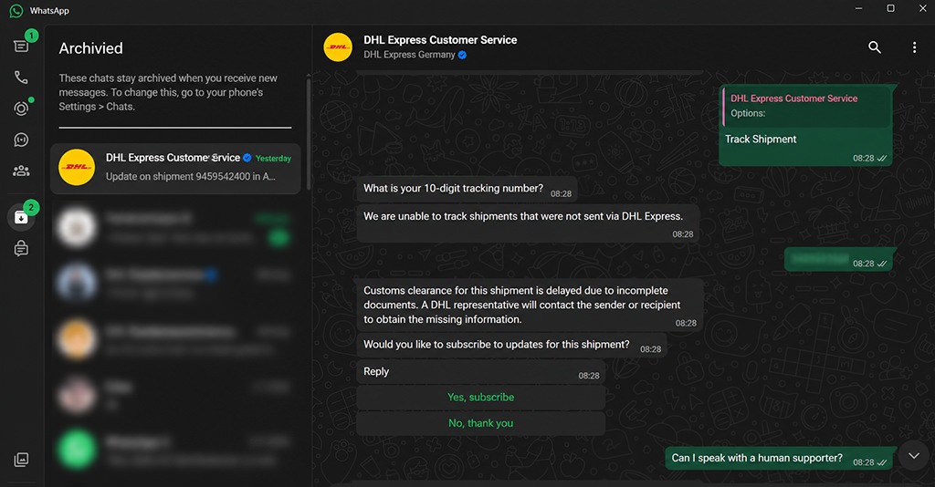 WhatsApp Desktop conversation with DHL Express Customer Service showing a shipment inquiry, customs clearance notification, and blurred personal contacts for privacy.
