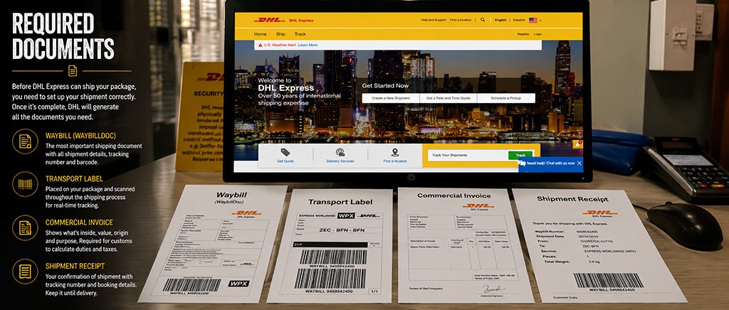 DHL Express shipping workspace showing the DHL shipping portal on a computer screen and the four required shipping documents: Waybill, Transport Label, Commercial Invoice and Shipment Receipt.