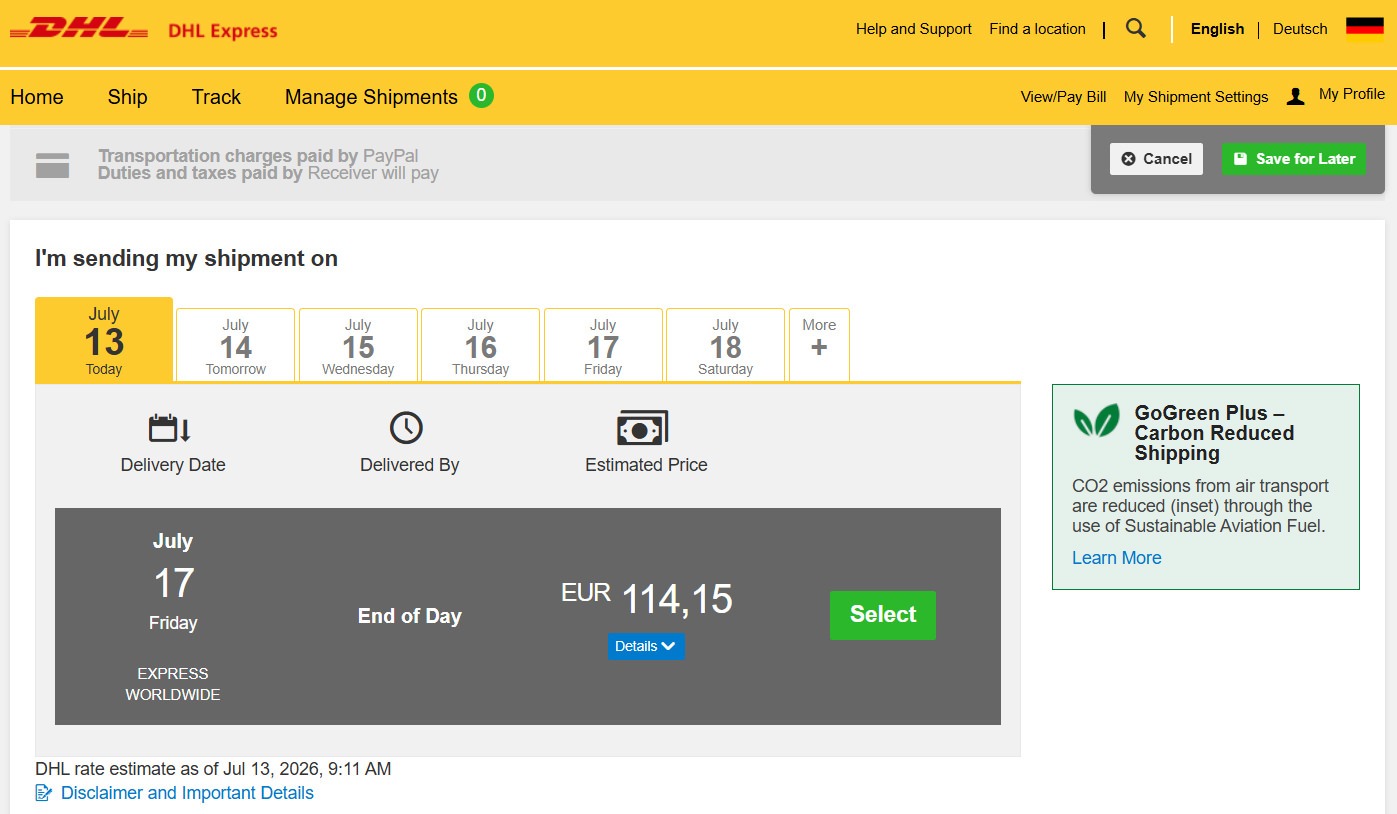 MyDHL+ shipping options page displaying the estimated delivery date, transit time and shipping price before confirming an international DHL Express shipment.