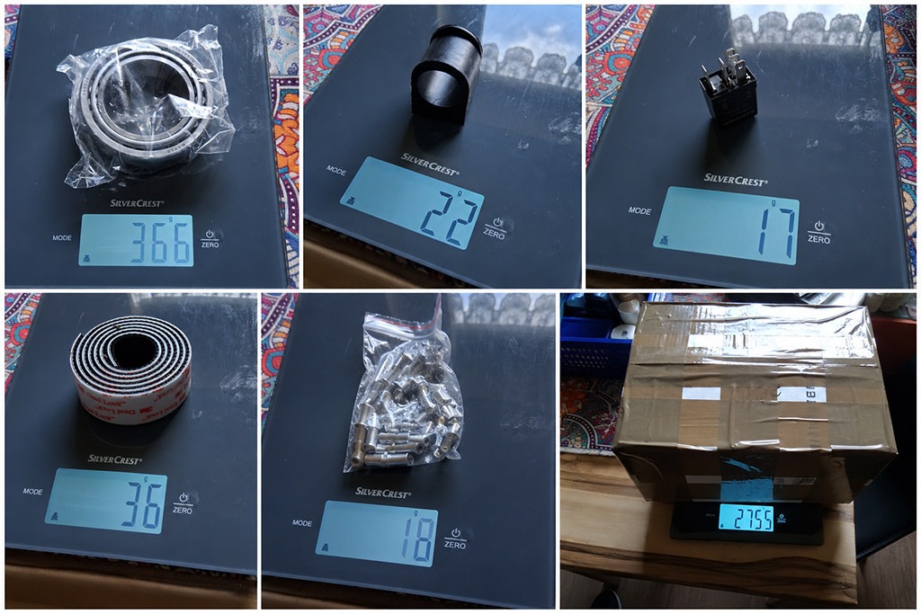 Collage documenting the preparation of a DHL Express shipment, showing individual spare parts weighed on a digital scale, followed by the completed parcel with its final shipping weight.