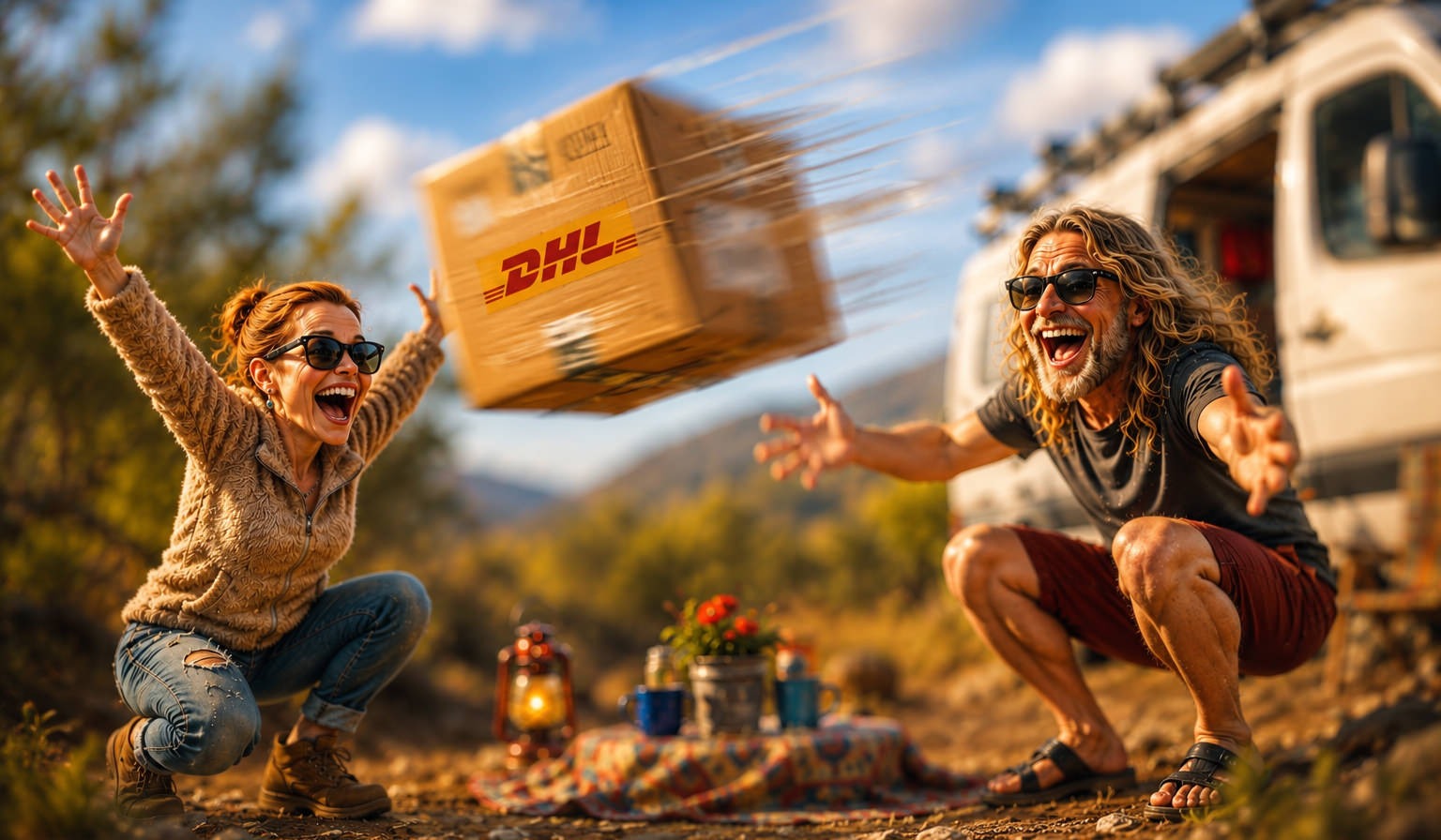 Two ecstatic overlanders celebrate beside their expedition camper in the African bush as a DHL parcel rockets toward them through the air with dramatic motion blur, symbolizing the arrival of urgently needed spare parts.