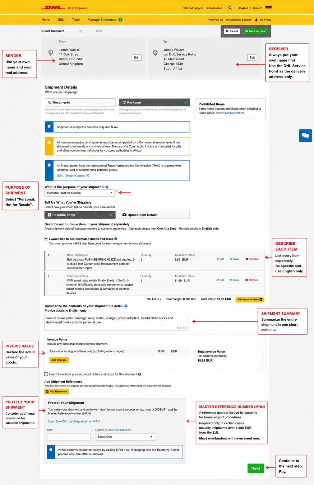 Annotated MyDHL+ shipment details screen explaining the purpose of shipment, item descriptions, shipment summary, invoice value, shipment protection and the Master Reference Number (MRN) for international DHL Express shipping.