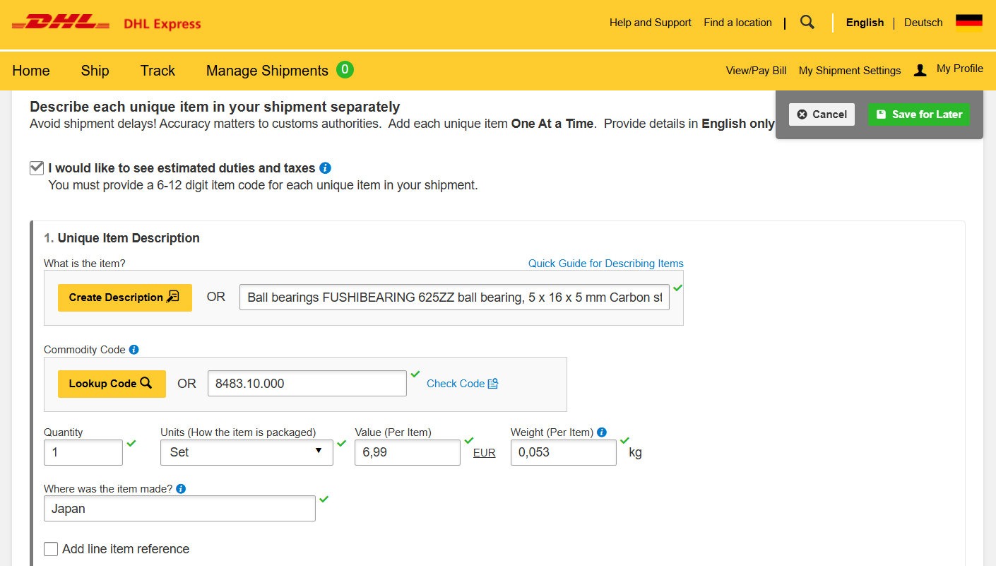 Annotated MyDHL+ item description screen showing how to declare an individual item with its description, HS commodity code, quantity, value, weight and country of origin for international DHL Express shipping.