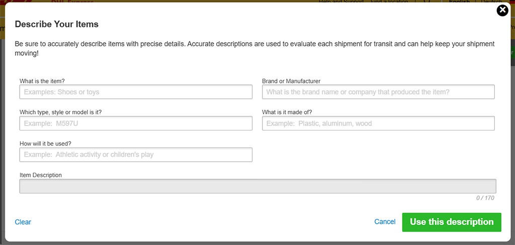 MyDHL+ item description generator prompting users to enter the product name, brand, model, material and intended use to create an accurate customs description for international shipping.