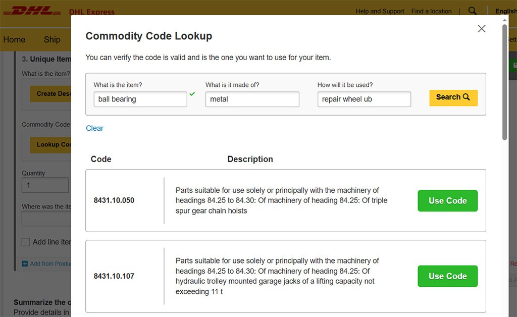 MyDHL+ Commodity Code Lookup tool showing how to search for the correct HS commodity code based on an item's description, material and intended use before selecting the appropriate customs classification.