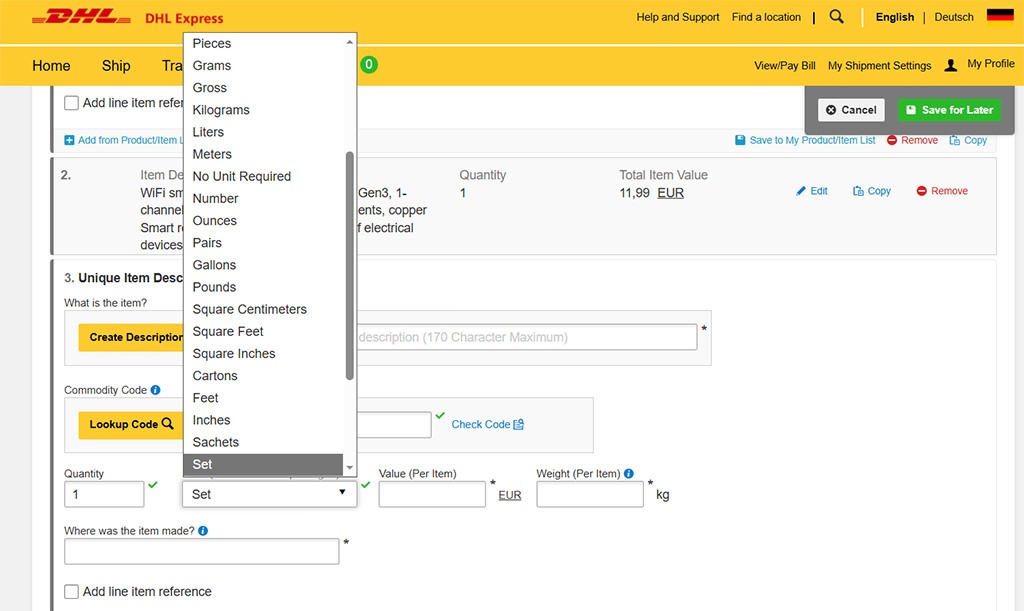 MyDHL+ unit selection menu showing the available measurement units for declaring an item's quantity, such as pieces, sets, kilograms, liters and pairs during international DHL Express shipment creation.