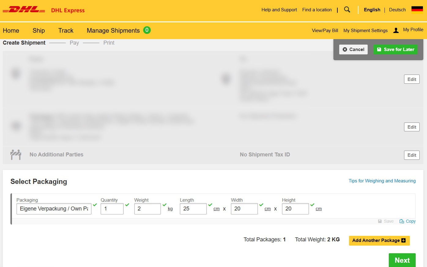 MyDHL+ packaging page showing the package weight, dimensions and quantity for an international DHL Express shipment, where adjusting the parcel size can significantly affect the shipping price.