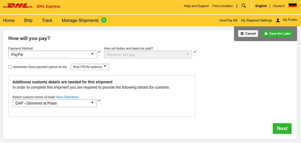MyDHL+ payment page showing the payment method, duty and tax payment options, and Incoterms selection for an international DHL Express shipment.