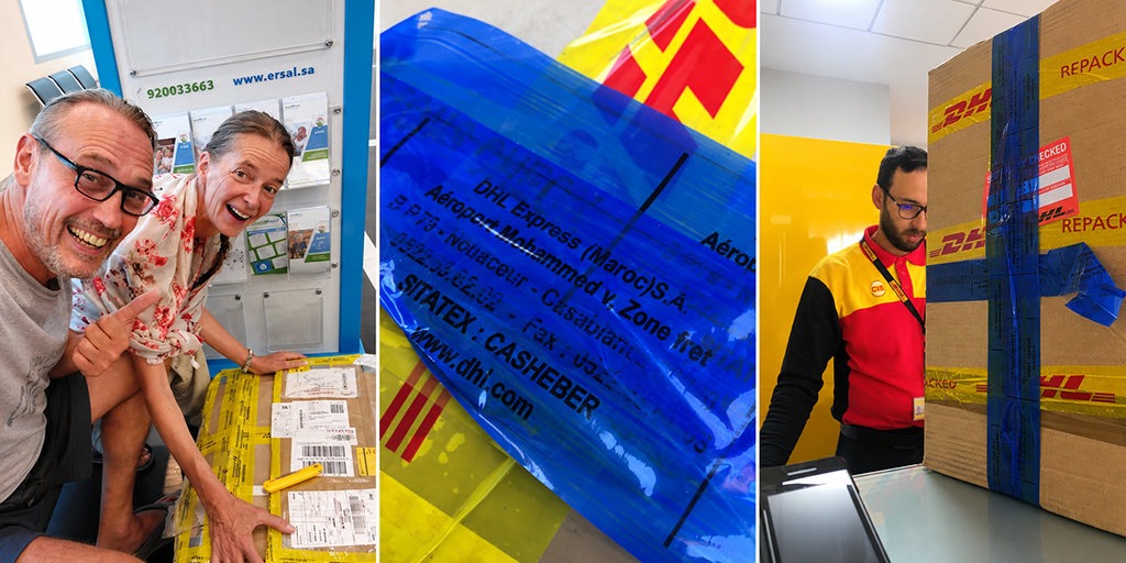 Three-panel collage showing the DHL Express shipping process, from parcel collection and security inspection to final pickup by full-time overlanders.