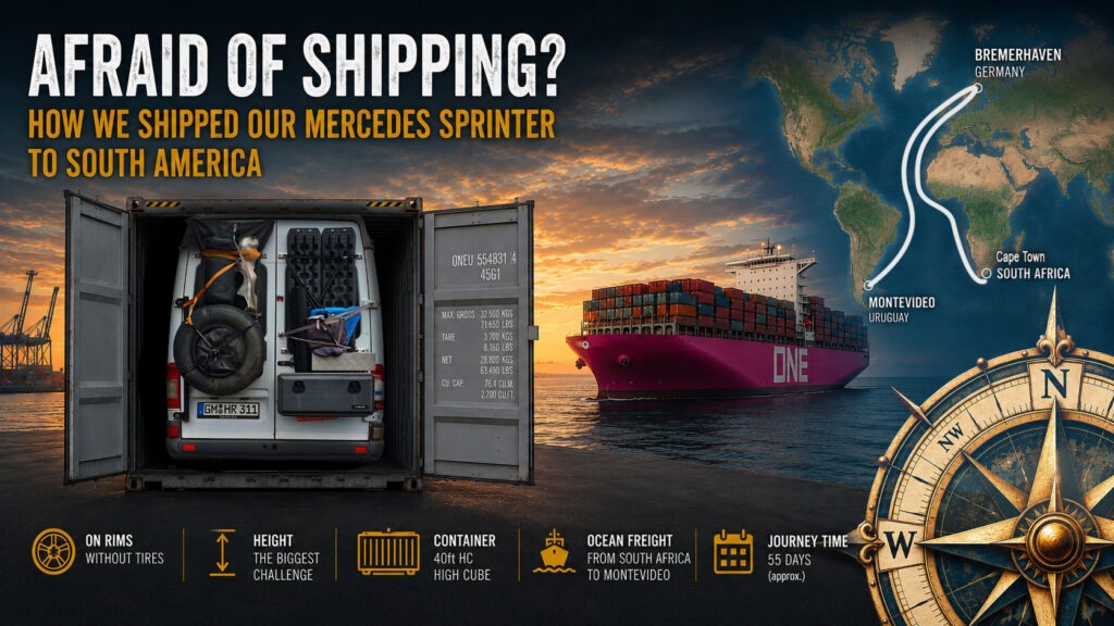 Mercedes Sprinter secured on rims inside a shipping container, a ONE container ship at sea, and a world map showing the shipping route from Bremerhaven via South Africa to Montevideo.