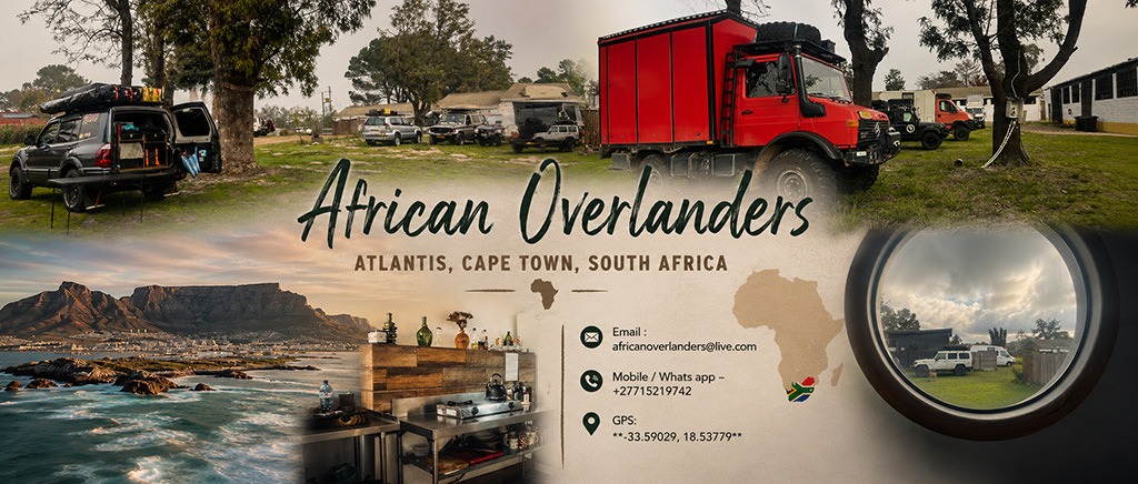 Wide panoramic collage promoting African Overlanders in Atlantis, Cape Town, South Africa, featuring expedition vehicles, a Cape Town coastal landscape, an outdoor kitchen and a circular view of an overlanding campsite, with contact information.