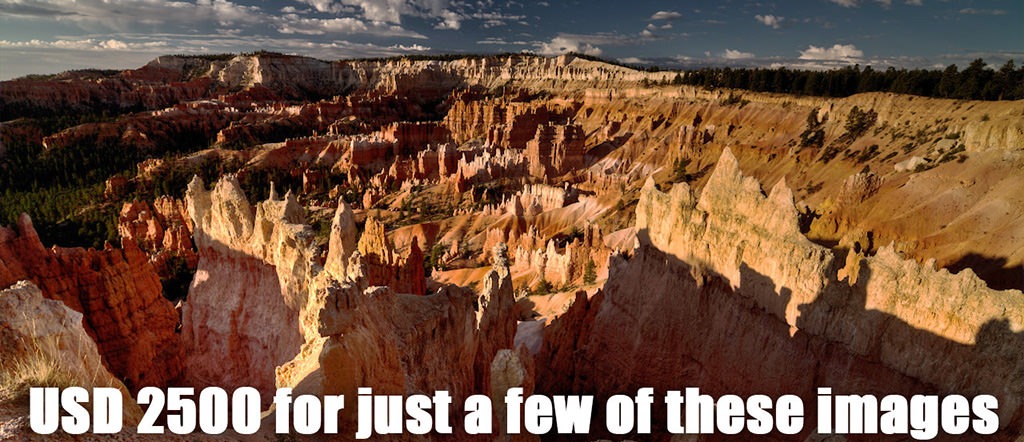 Aerial view of Bryce Canyon’s colorful hoodoos with text about a USD 2,500 licensing payment