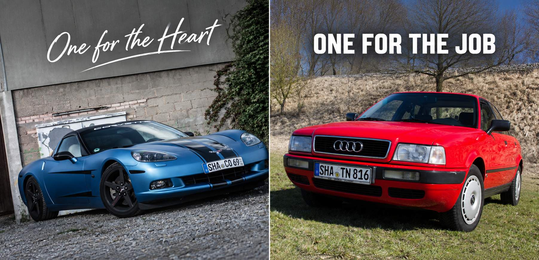 Blue Chevrolet Corvette C6 and red Audi 80 Cabriolet shown side by side