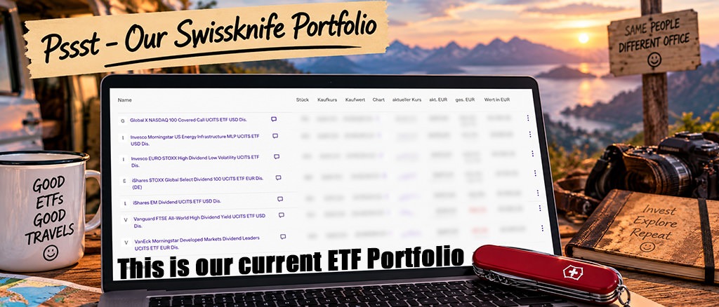 Laptop displaying a blurred ETF portfolio beside a Swiss Army knife, camera and travel journal at sunset