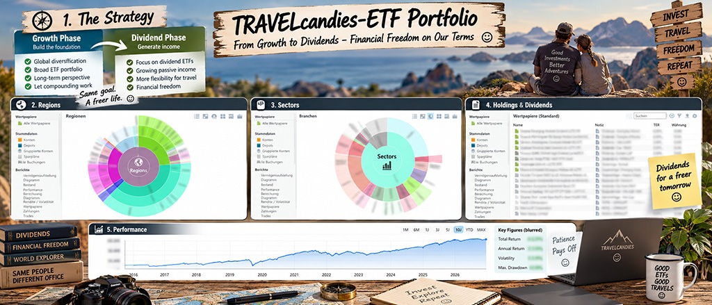TRAVELcandies-ETF Portfolio overview showing the transition from growth strategy to dividend strategy, portfolio allocation and performance