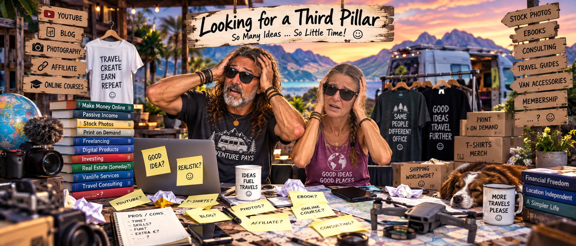 Overwhelmed Totti and Fenny surrounded by ideas for different income streams at a vanlife workspace