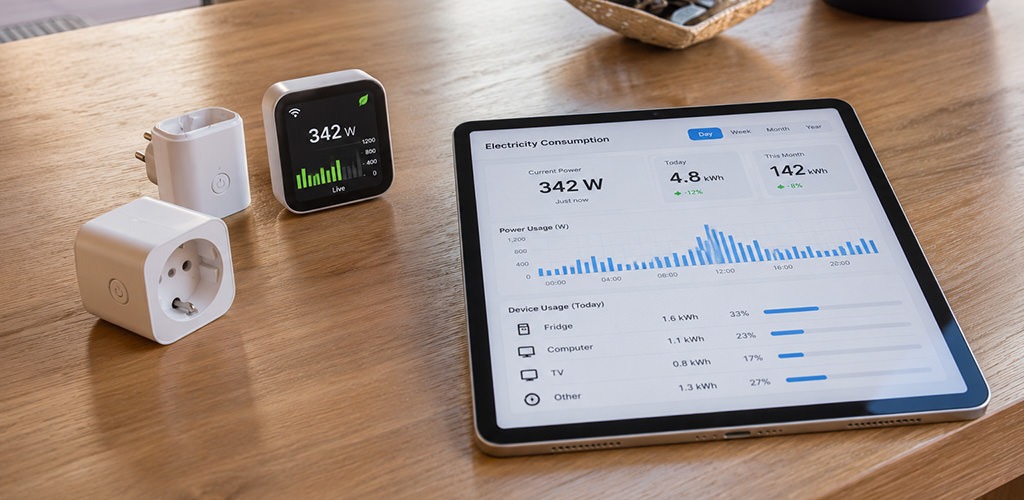 Smart plugs and an energy monitor beside a tablet displaying a household electricity consumption dashboard on a wooden table