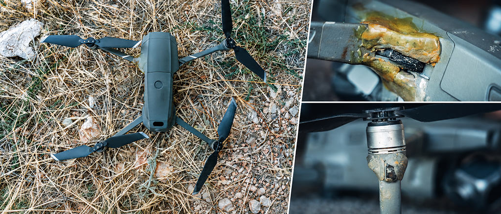 Damaged drone with repaired propeller arms shown in a three-panel collage