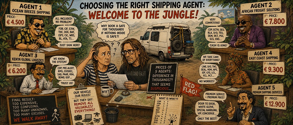 Humorous cartoon comparing five shipping agents with different prices, confusing jargon and red flags while a couple struggles to choose the right agent for shipping their campervan.