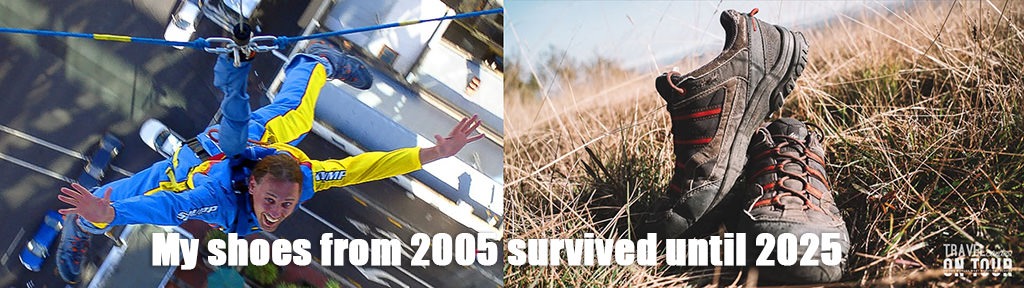 Totti’s old shoes shown alongside a skydiving photo, highlighting that they lasted 20 years from 2005 to 2025