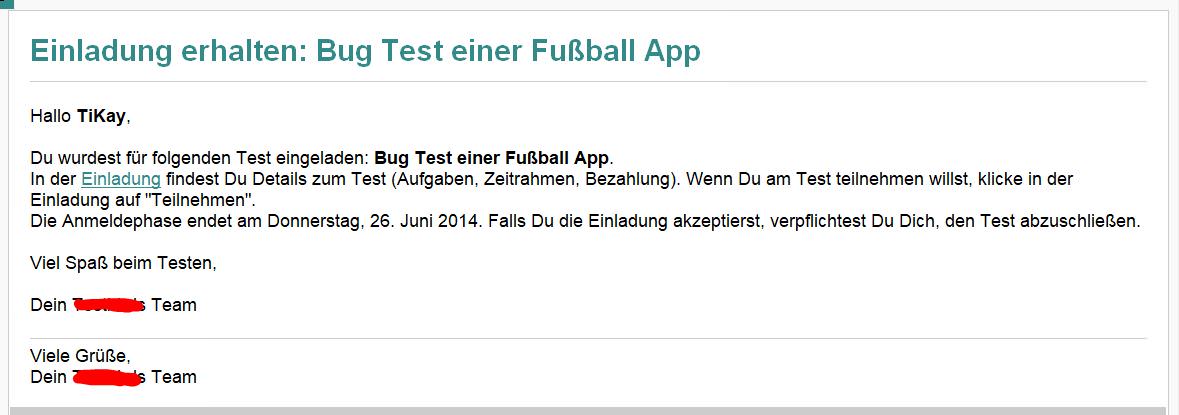 Email invitation to participate in a paid football app bug test in June 2014