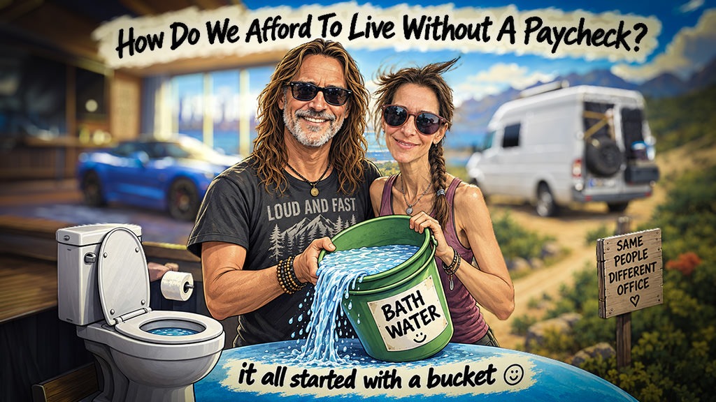 Totti and Fenny holding a bucket of bathwater beside a toilet, with their former luxury home and overland vehicle in the background