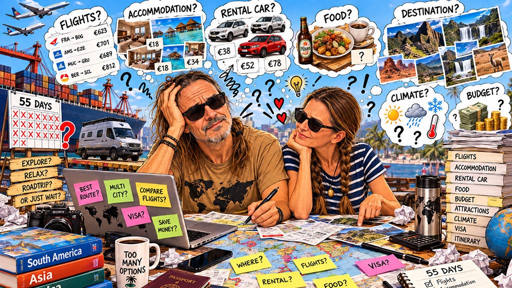 Totti and Fenny overwhelmed but excited while planning 55 days of travel during their vehicle shipping, surrounded by maps, flights, accommodation, rental cars, food, destinations and budget options.