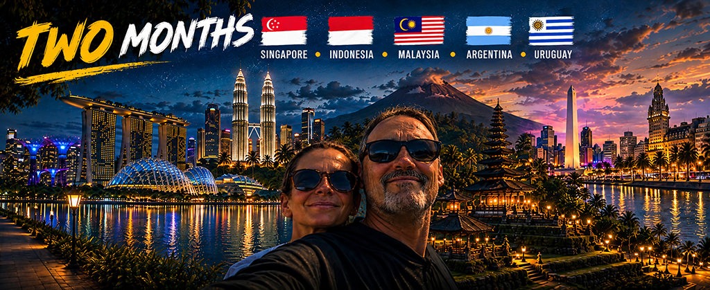 Totti and Fenny on a 2 months journey through Singapore, Indonesia, Malaysia, Argentina and Uruguay, with famous landmarks from each destination in the background.