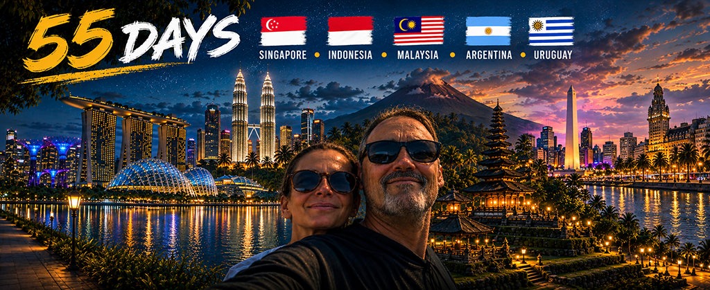 Totti and Fenny on a 55-day journey through Singapore, Indonesia, Malaysia, Argentina and Uruguay, with famous landmarks from each destination in the background.