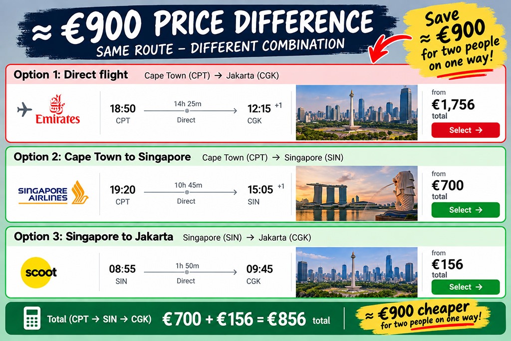 Flight price comparison showing a direct Cape Town–Jakarta flight versus a cheaper connection via Singapore, saving approximately €900 for two people.