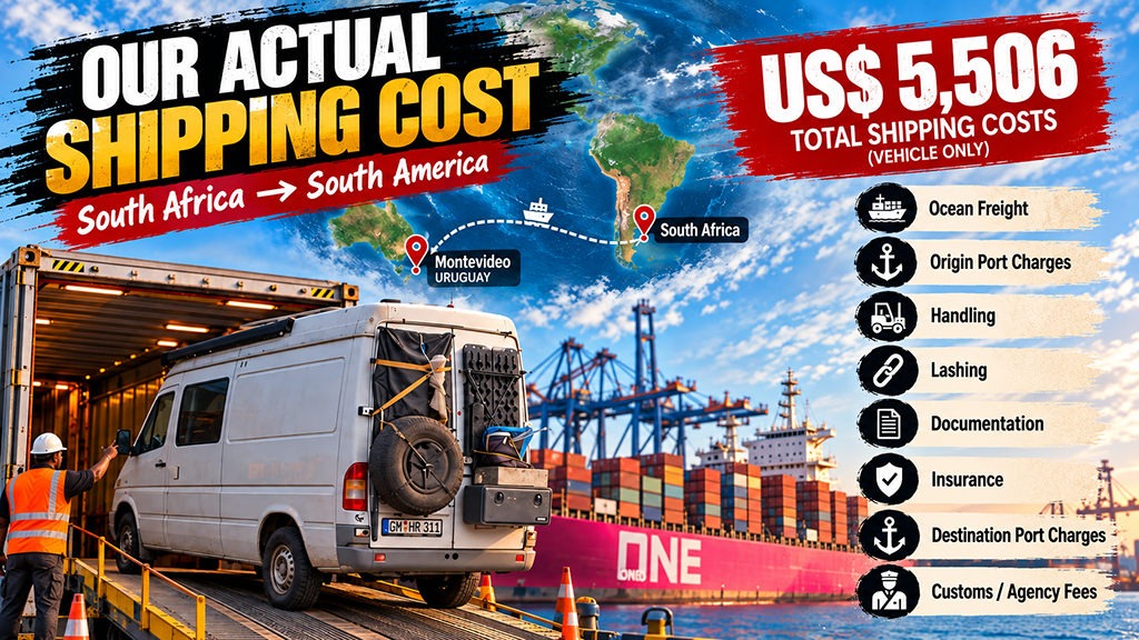 Infographic showing the actual US$5,506 vehicle shipping cost from South Africa to South America, with a Mercedes Sprinter, container ship and cost categories